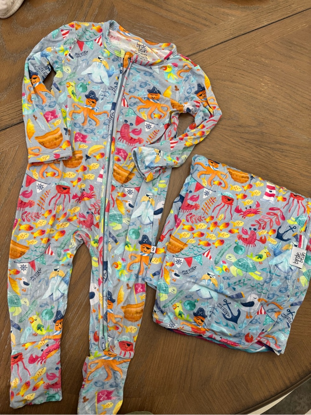 Birdie Bean Light Blue Ocean Print Zip Footie - With Matching Cloud Blanket